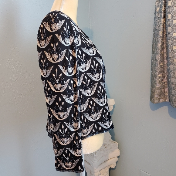 Papell Boutique evening sequence floral 100% silk blazer/jacket B2 - Picture 2 of 13